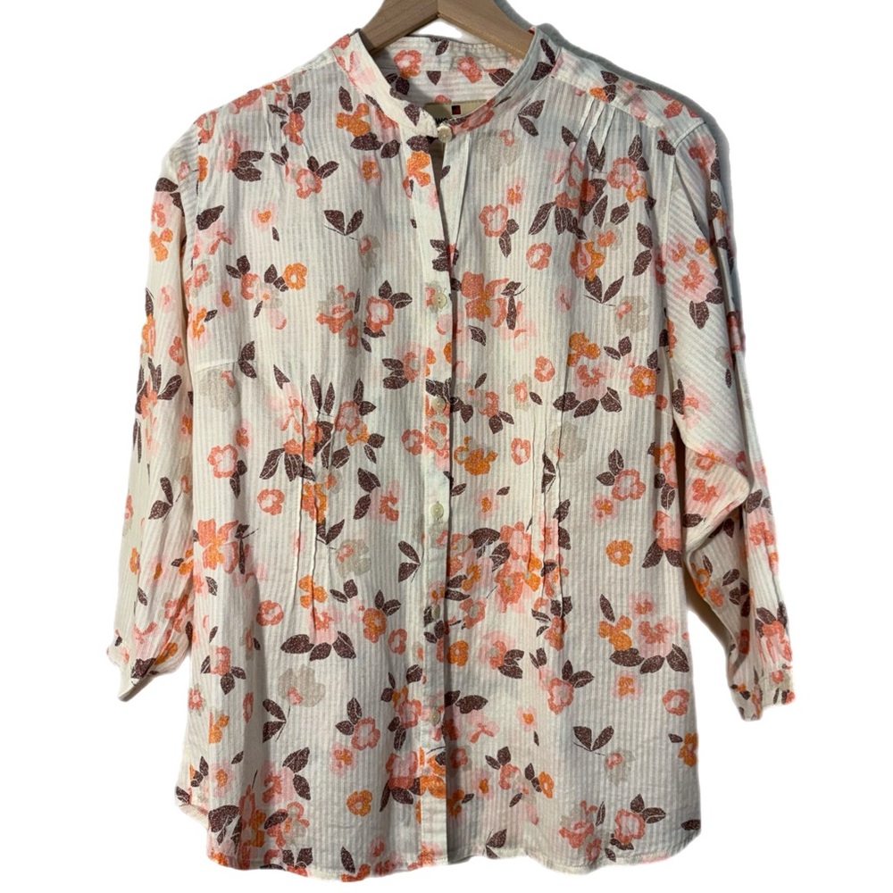 Woolrich Cream Floral Cotton Pintuck Shirt Pink Orange L Cottagecore Coastal